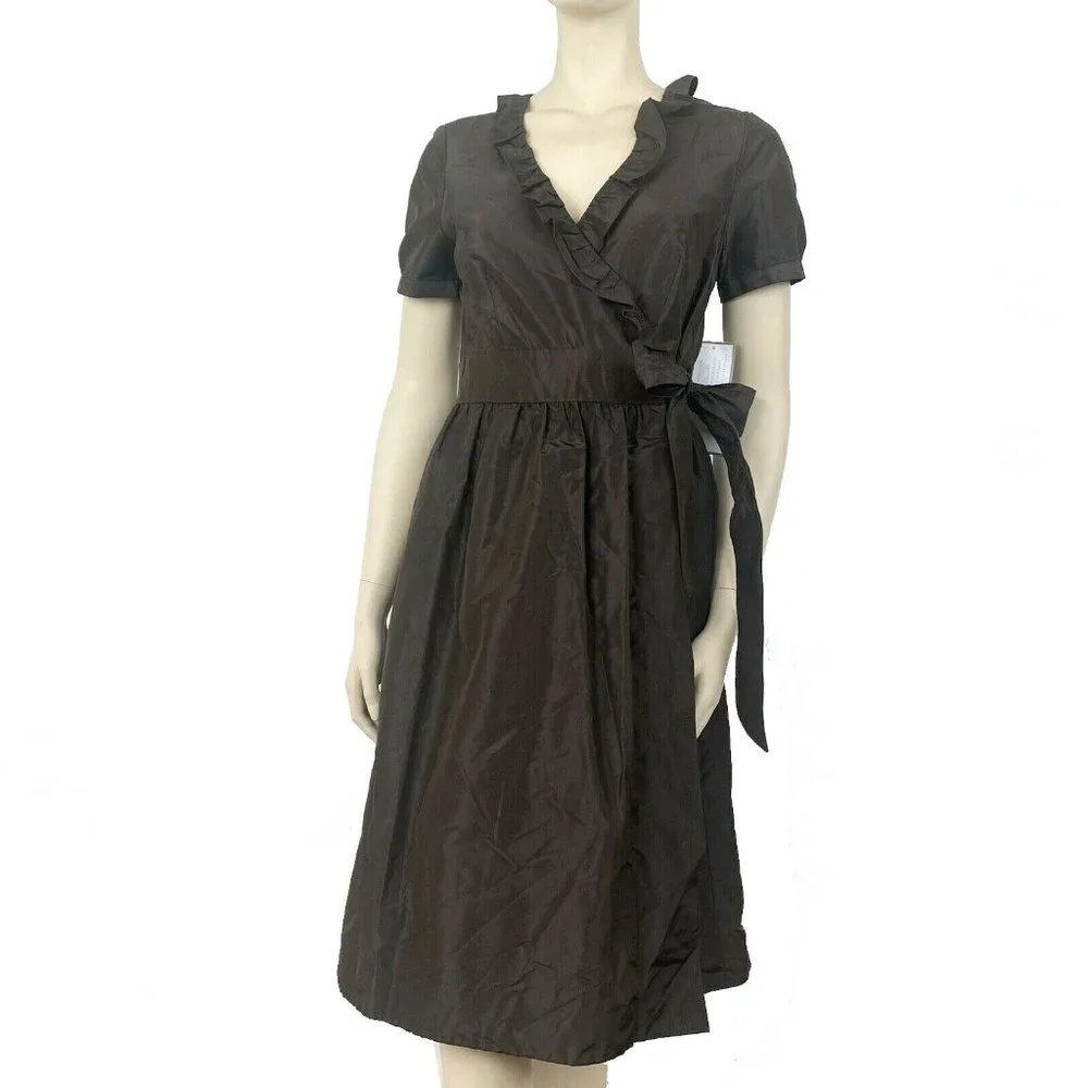 J. CREW V-neck Wrap Dress Size 6 Brown w/ Ruffles 100% Silk NWT $268